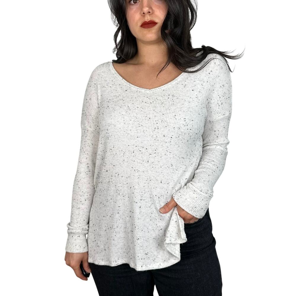 American Eagle White Speckled Waffle Knit Long Sleeve Top